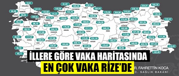 İllere göre vaka haritasında en yüksek yoğunluk Rize’de